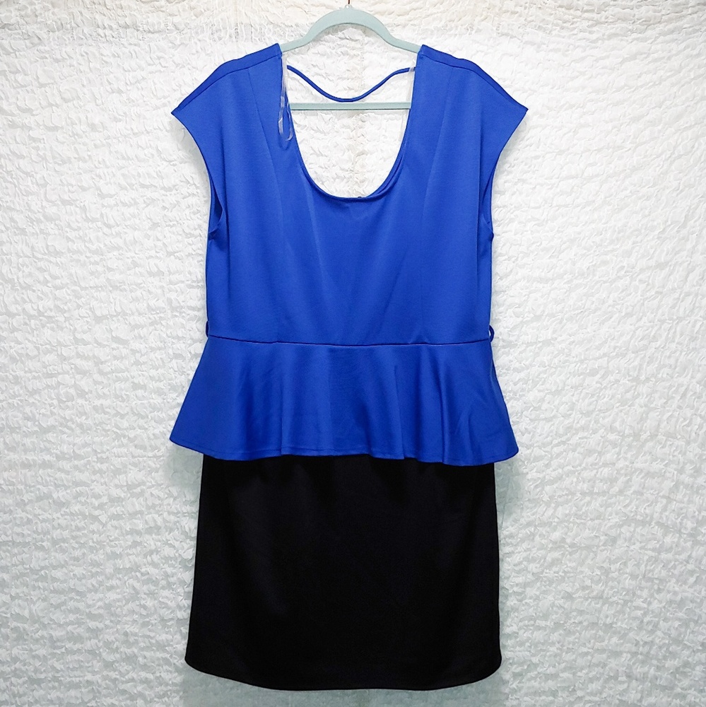 Blue dress with sewn-in black skirt
